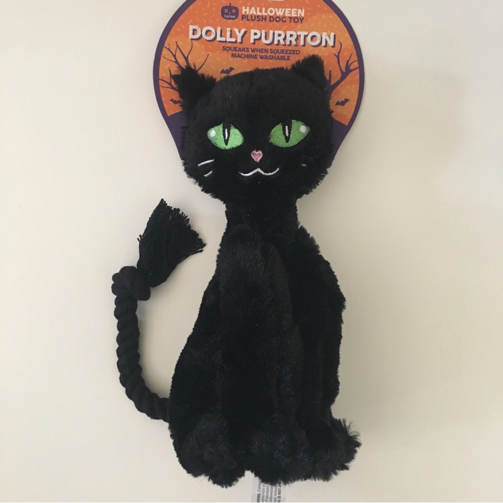 NEW Dog Toy “Dolly Purrton” Black Cat Squeaks Halloween Plush | FuzzYard